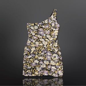 Zara One Shoulder Floral Ruched Mini Dress Yellow Purple Women’s, size M.